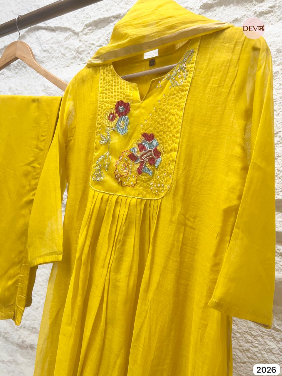 Vasiree Chanderi Hand-Embroidered Yellow 3-Piece Set (Devri – D.No 2026)