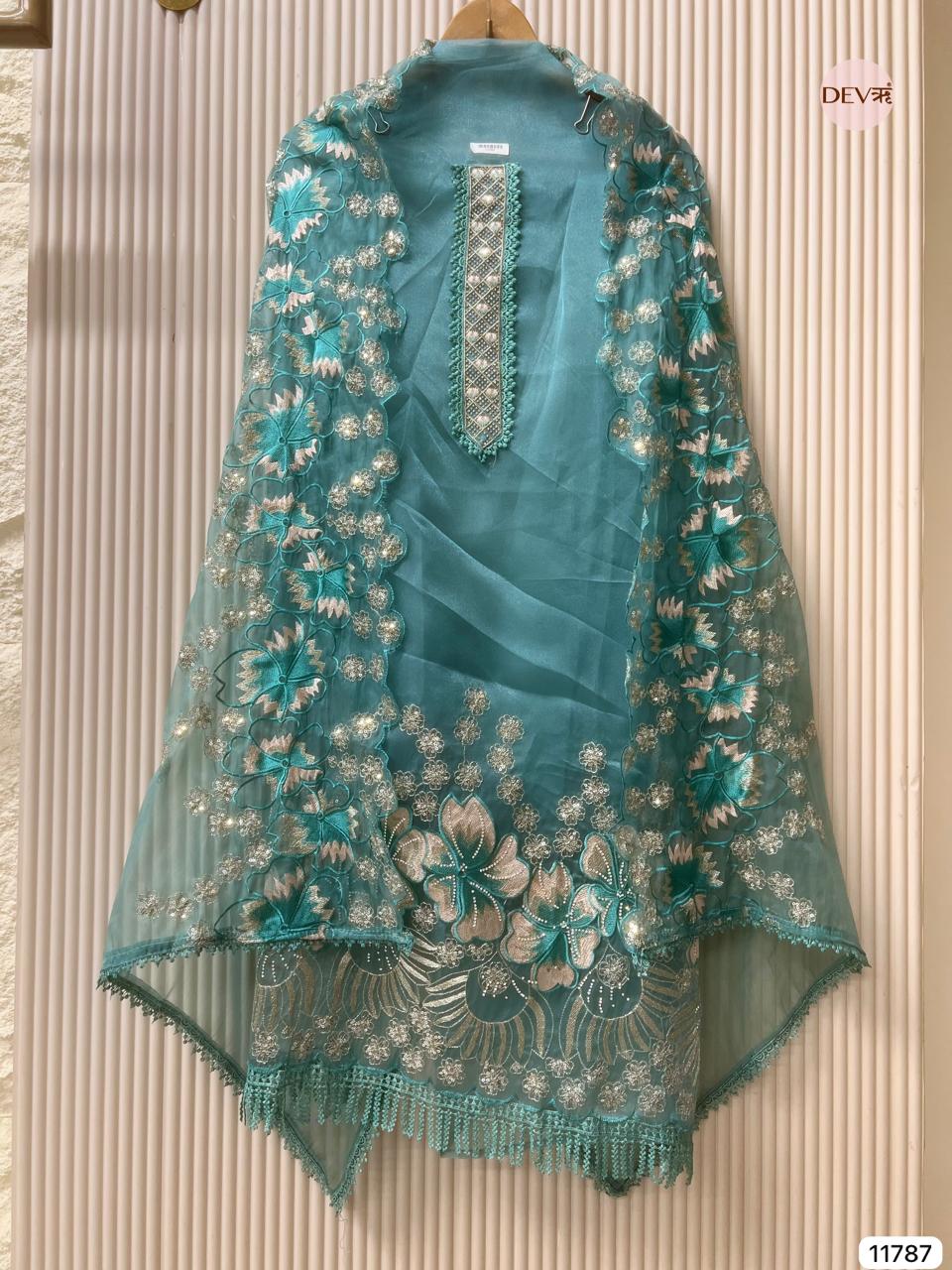 Aqua Tissue Silk Embroidered Unstitched 3-Piece Suit (Devri – D.No 11787)