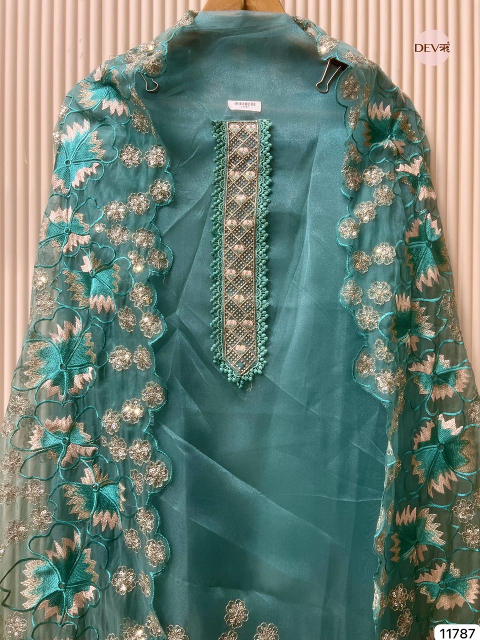 Aqua Tissue Silk Embroidered Unstitched 3-Piece Suit (Devri – D.No 11787)