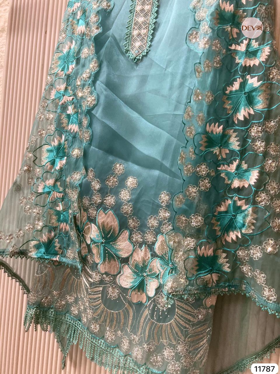 Aqua Tissue Silk Embroidered Unstitched 3-Piece Suit (Devri – D.No 11787)