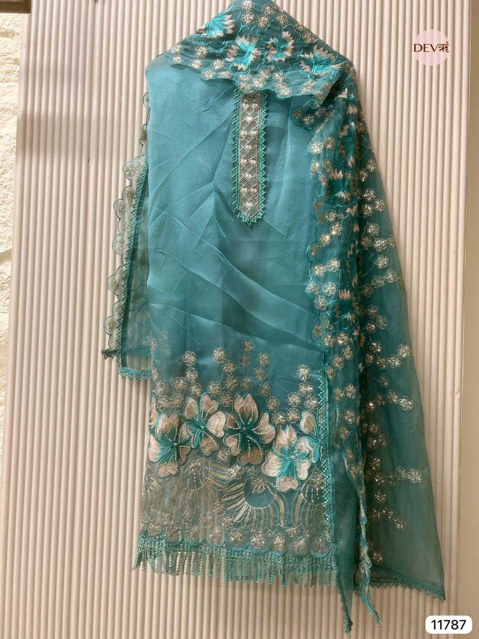 Aqua Tissue Silk Embroidered Unstitched 3-Piece Suit (Devri – D.No 11787)