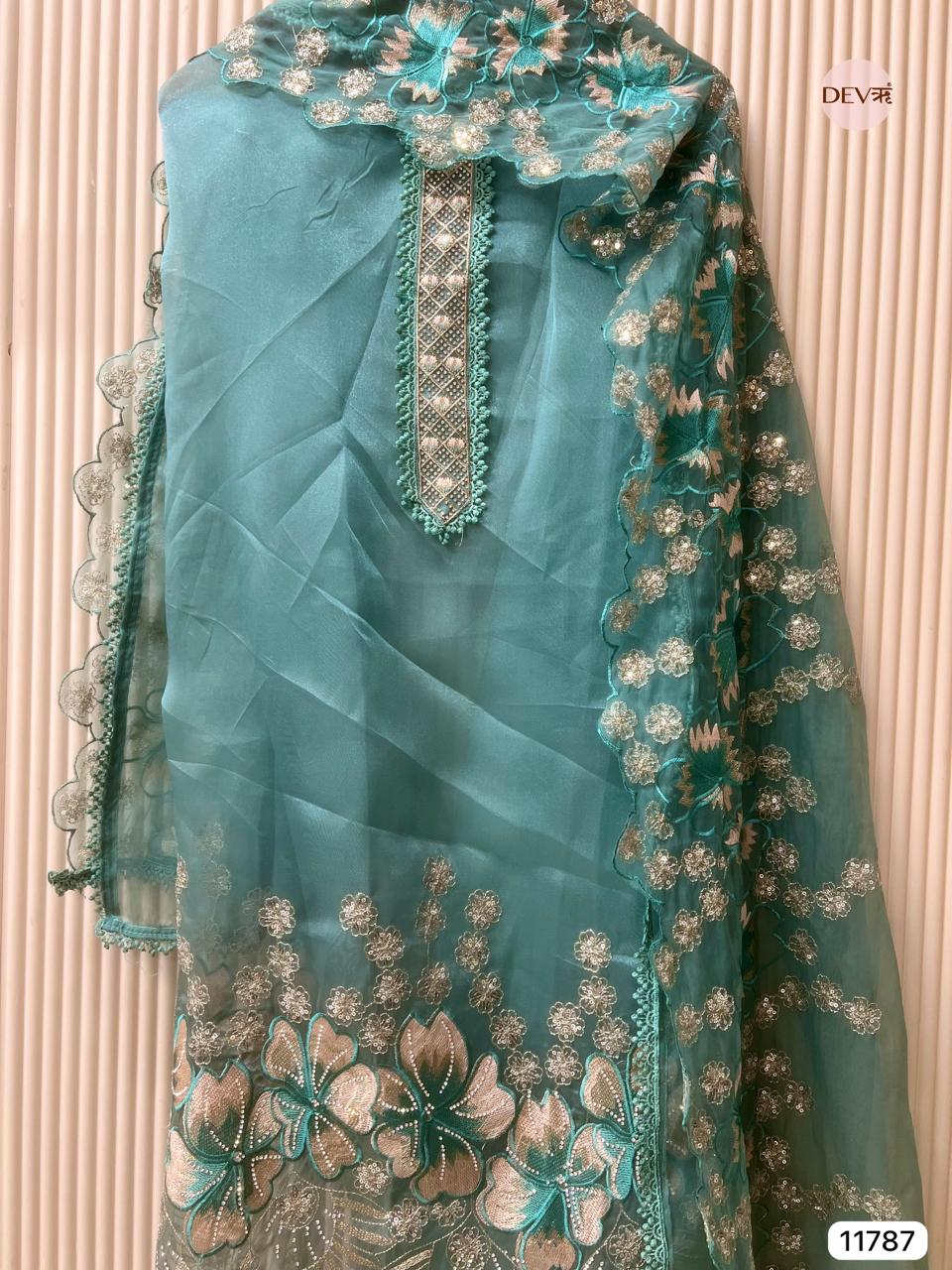 Aqua Tissue Silk Embroidered Unstitched 3-Piece Suit (Devri – D.No 11787)