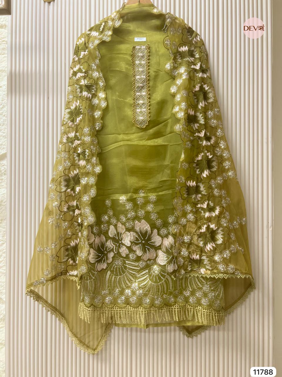 Olive Tissue Silk Embroidered Unstitched 3-Piece Suit (Devri – D.No 11788)