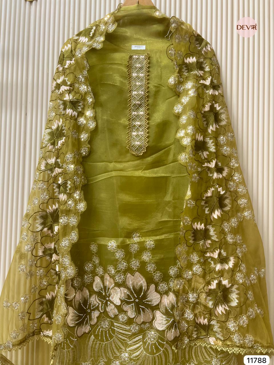 Olive Tissue Silk Embroidered Unstitched 3-Piece Suit (Devri – D.No 11788)