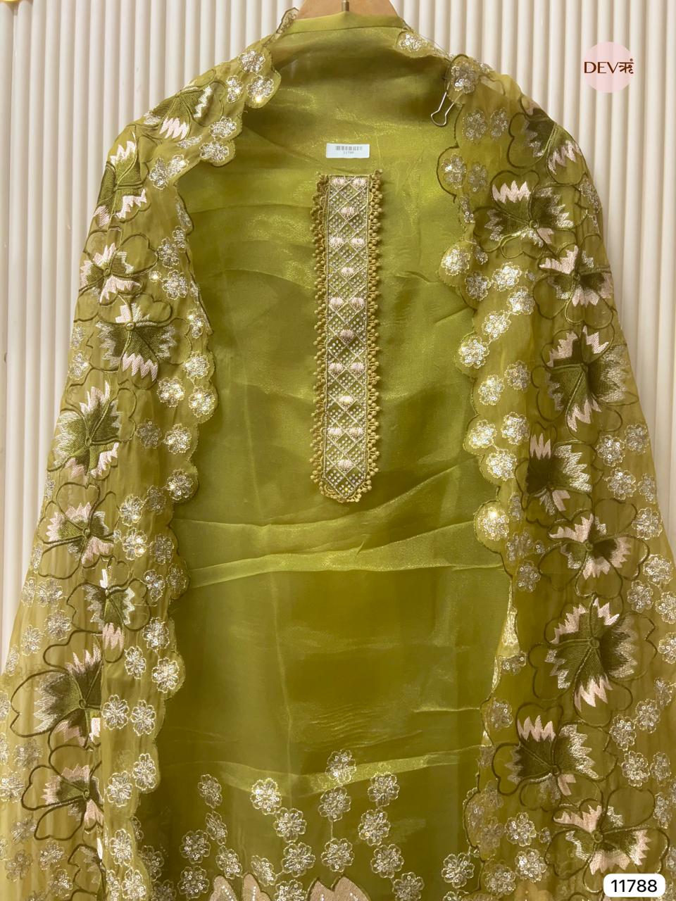 Olive Tissue Silk Embroidered Unstitched 3-Piece Suit (Devri – D.No 11788)