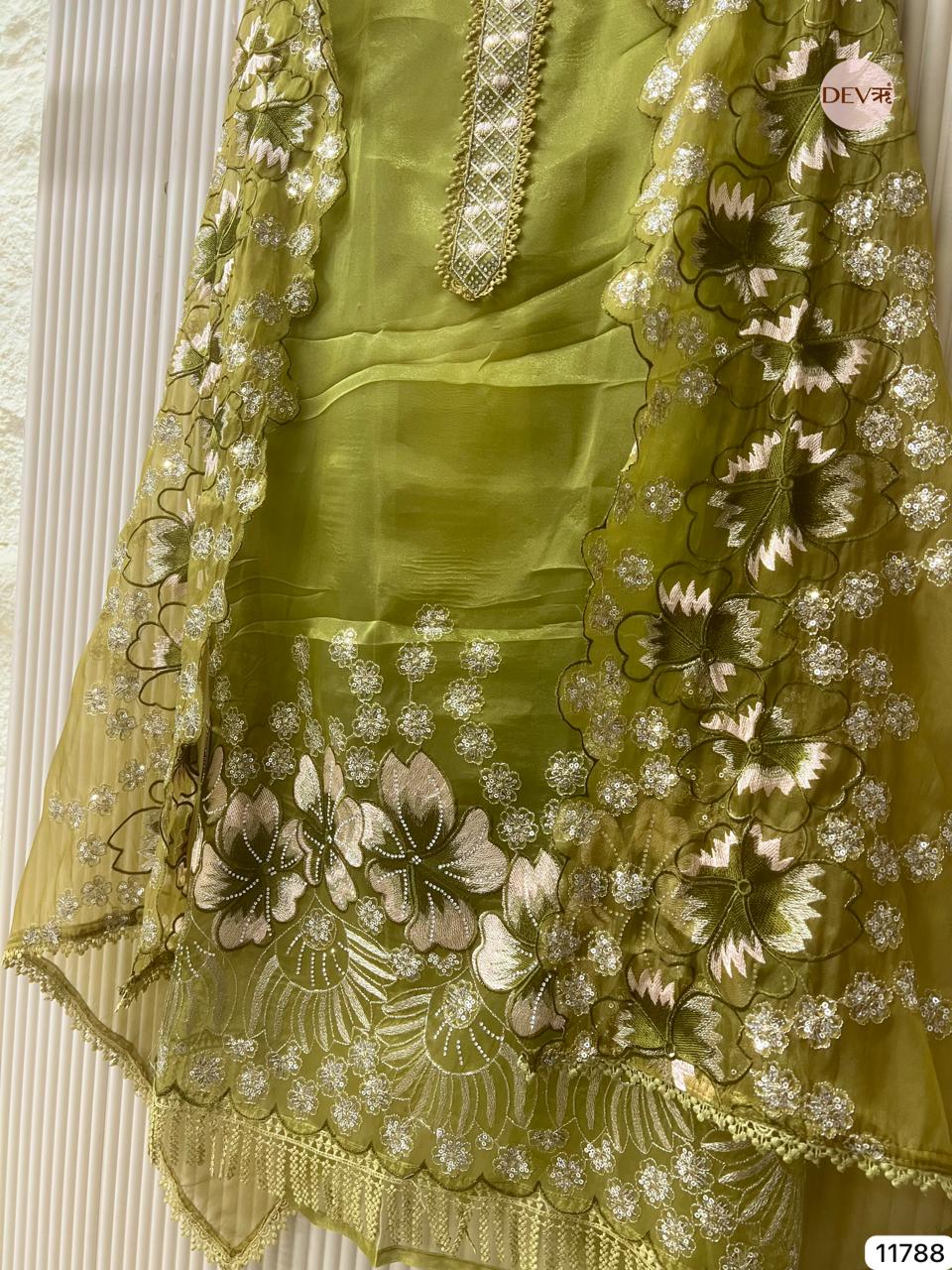 Olive Tissue Silk Embroidered Unstitched 3-Piece Suit (Devri – D.No 11788)