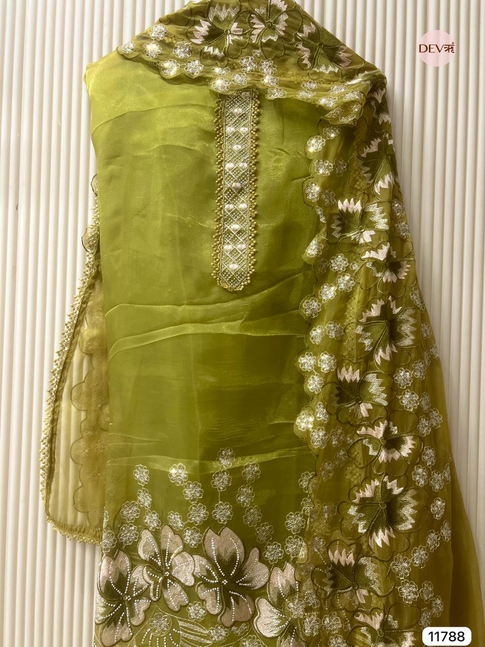 Olive Tissue Silk Embroidered Unstitched 3-Piece Suit (Devri – D.No 11788)