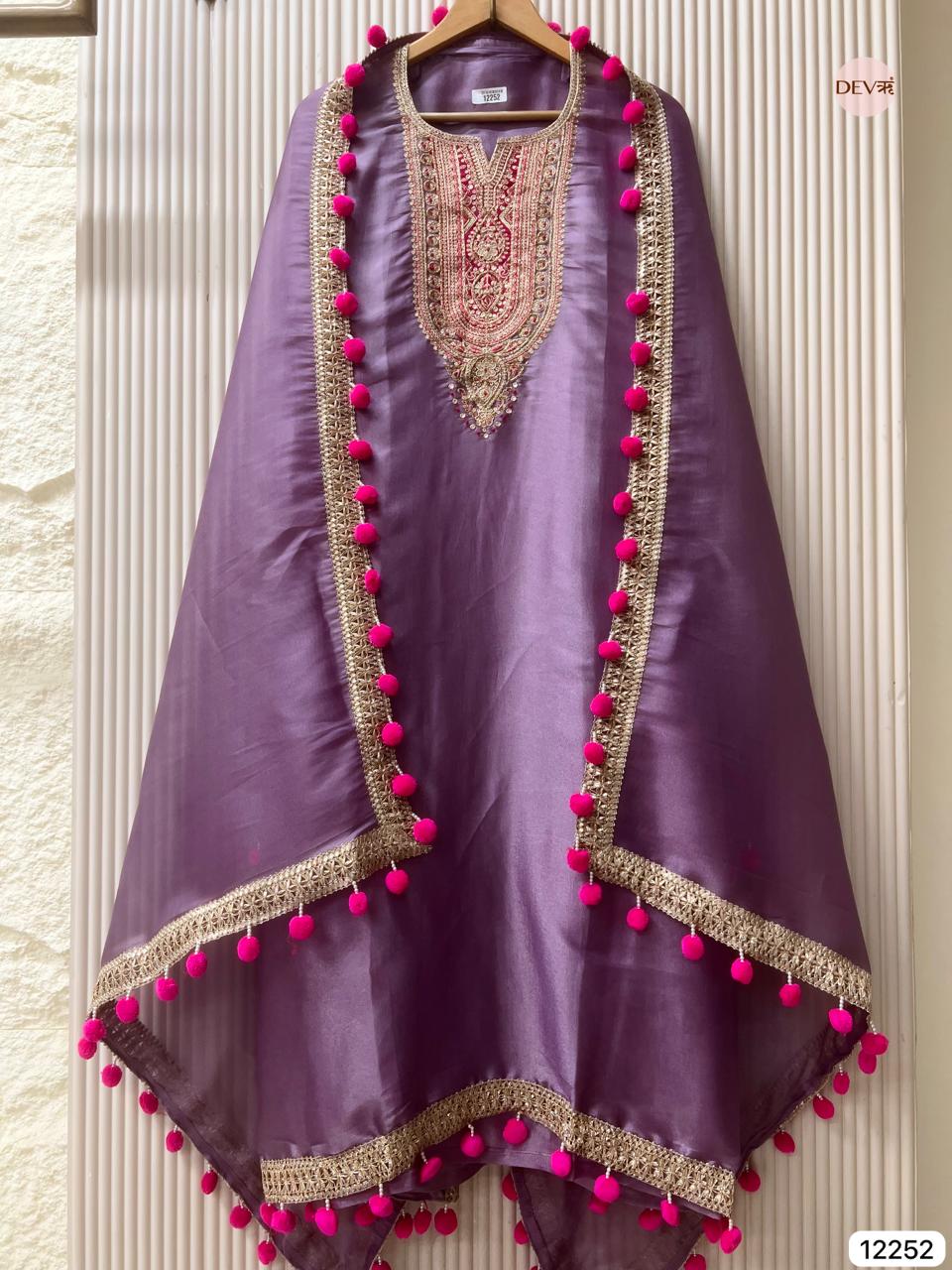 Purple Shimmer Silk Embroidered Unstitched 3-Piece Suit (Devri – D.No 12252)