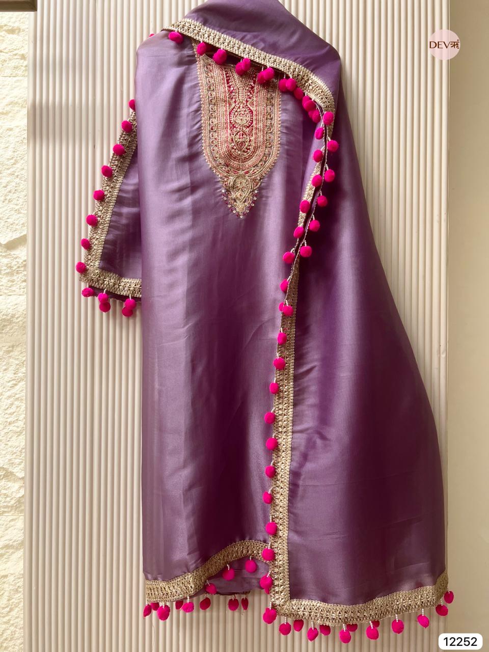 Purple Shimmer Silk Embroidered Unstitched 3-Piece Suit (Devri – D.No 12252)