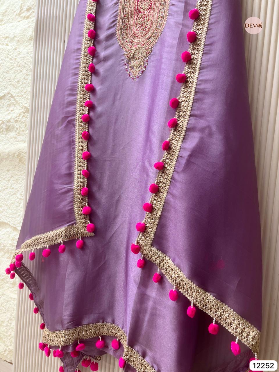 Purple Shimmer Silk Embroidered Unstitched 3-Piece Suit (Devri – D.No 12252)
