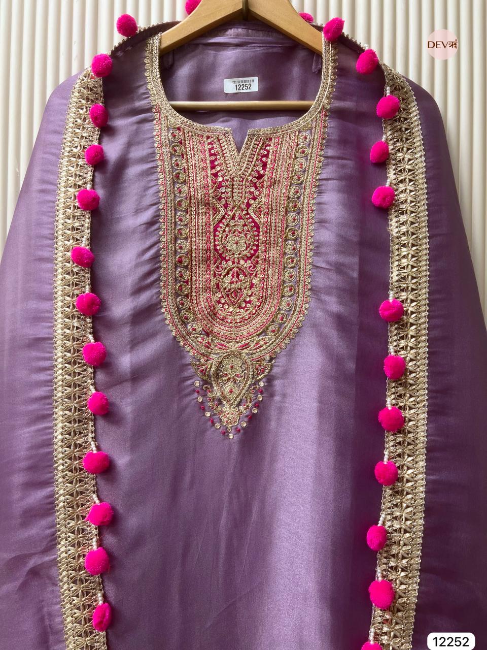 Purple Shimmer Silk Embroidered Unstitched 3-Piece Suit (Devri – D.No 12252)