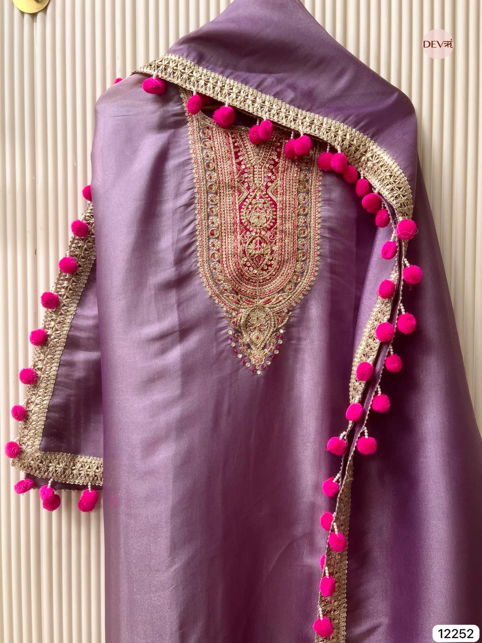 Purple Shimmer Silk Embroidered Unstitched 3-Piece Suit (Devri – D.No 12252)