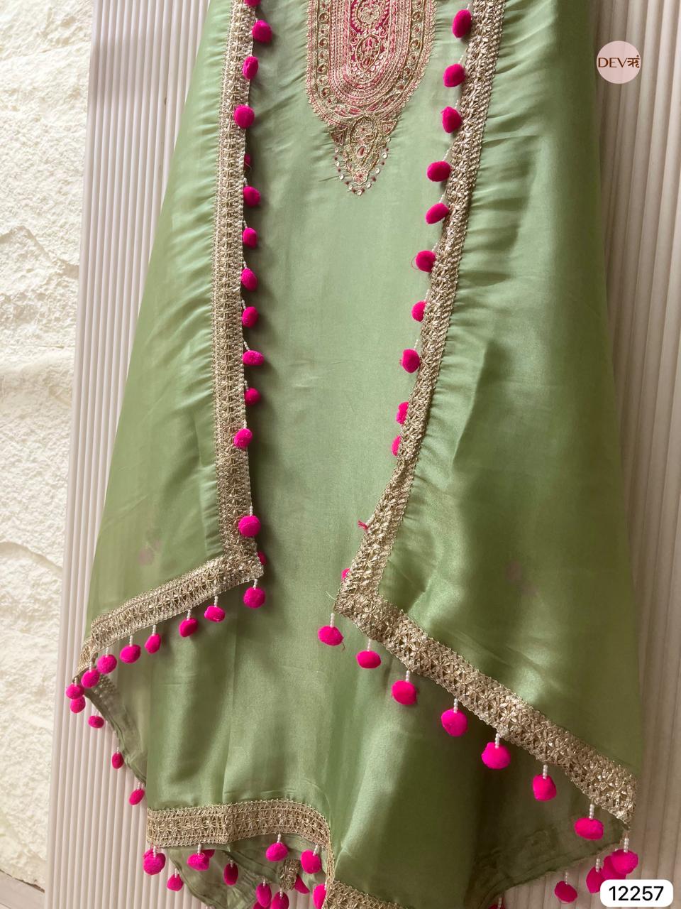 Light Green Shimmer Silk Embroidered Unstitched 3-Piece Suit (Devri – D.No 12257)