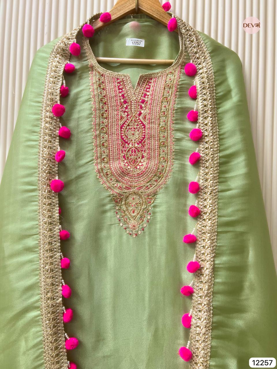 Light Green Shimmer Silk Embroidered Unstitched 3-Piece Suit (Devri – D.No 12257)