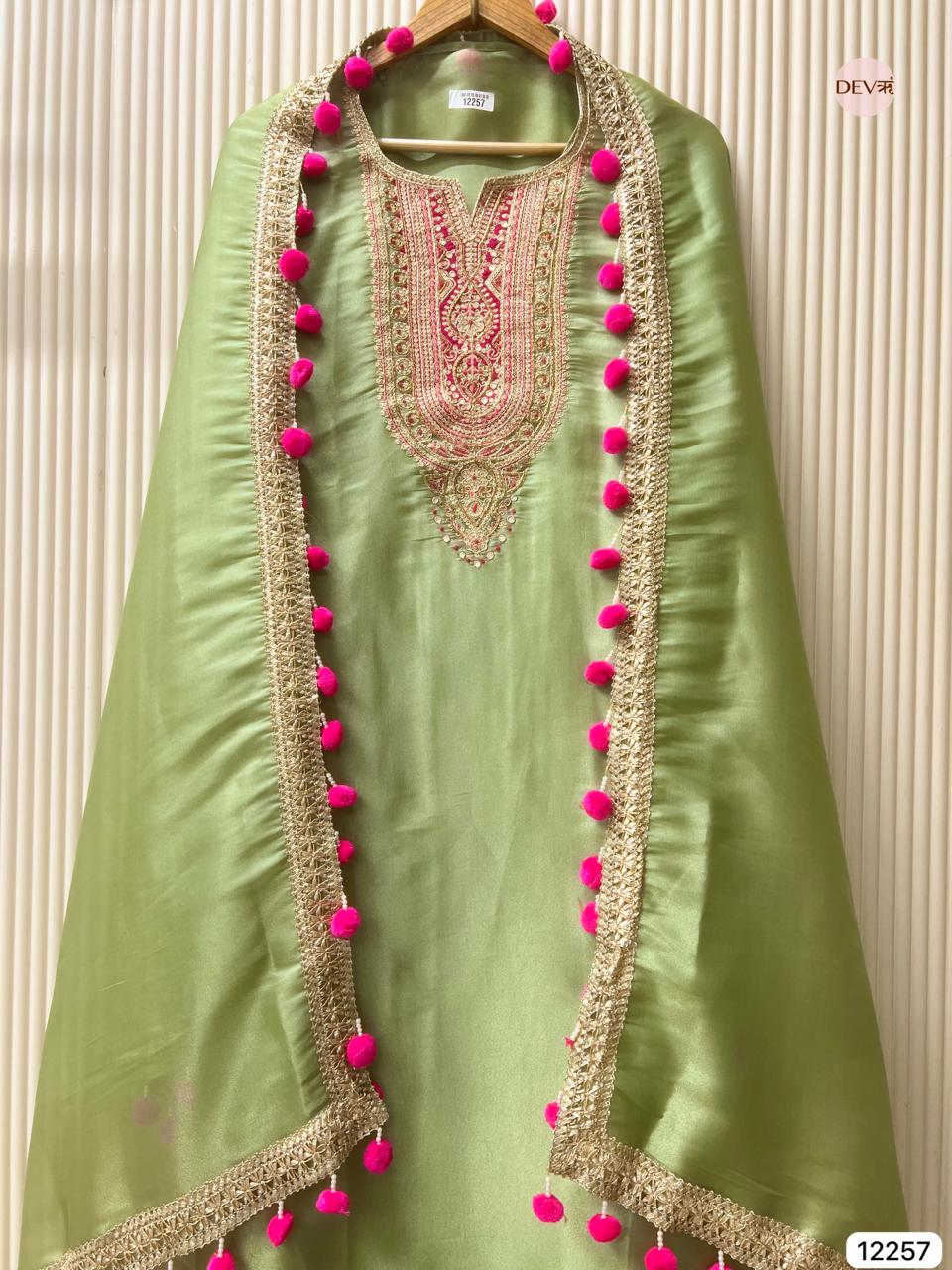 Light Green Shimmer Silk Embroidered Unstitched 3-Piece Suit (Devri – D.No 12257)