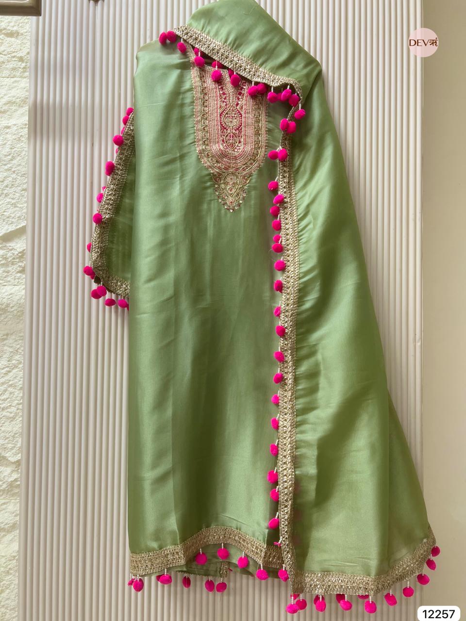 Light Green Shimmer Silk Embroidered Unstitched 3-Piece Suit (Devri – D.No 12257)