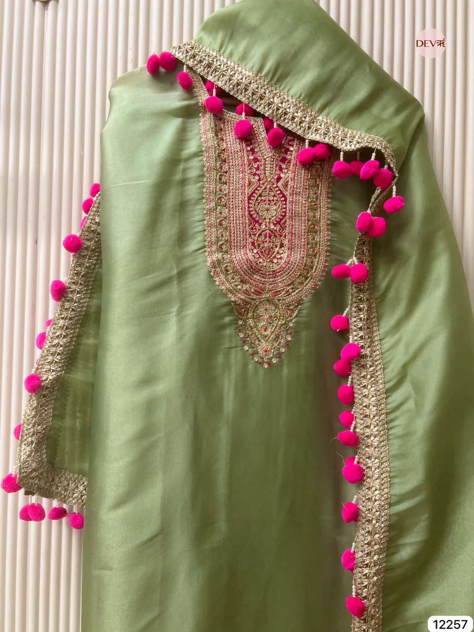 Light Green Shimmer Silk Embroidered Unstitched 3-Piece Suit (Devri – D.No 12257)