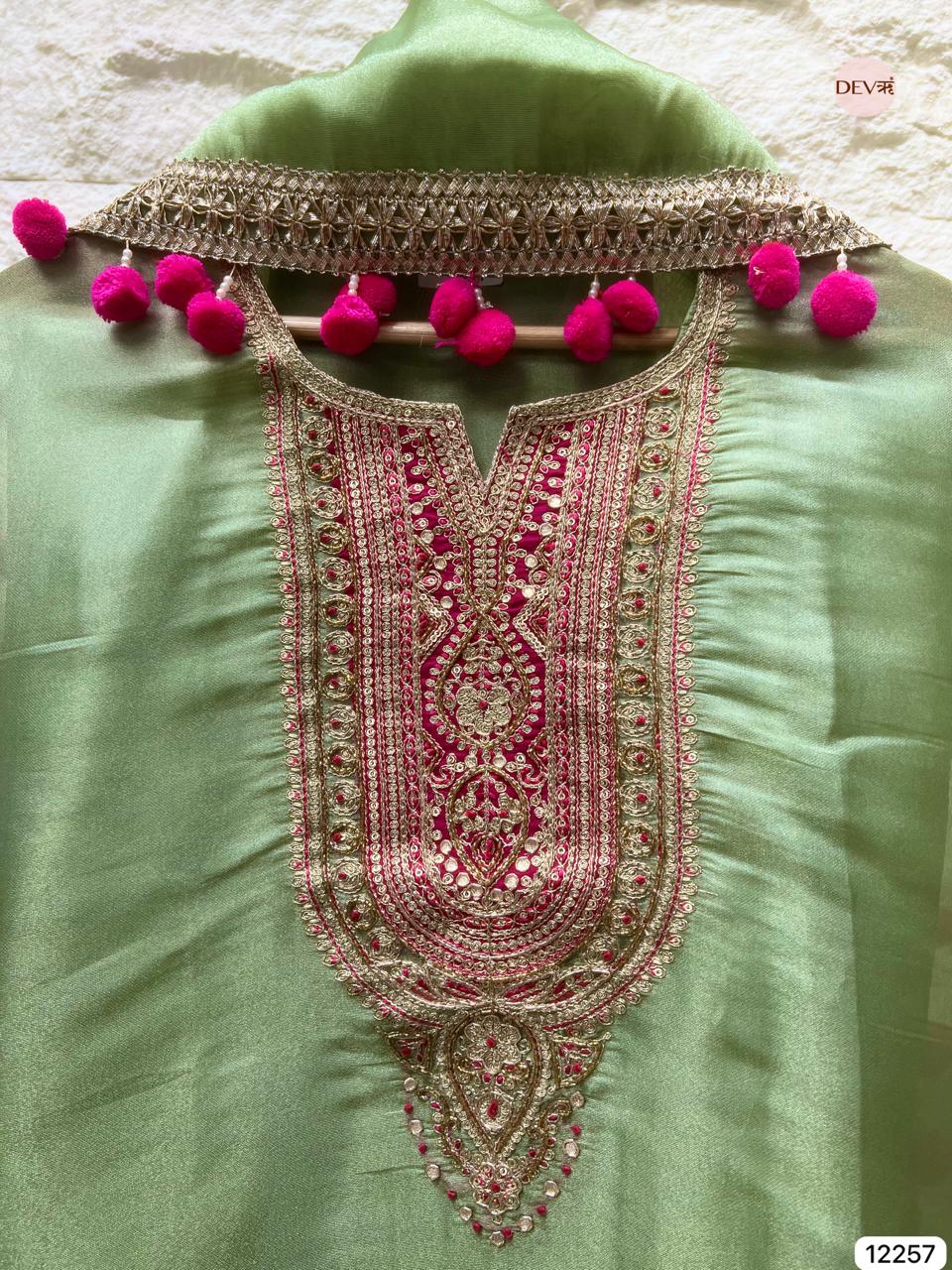 Light Green Shimmer Silk Embroidered Unstitched 3-Piece Suit (Devri – D.No 12257)