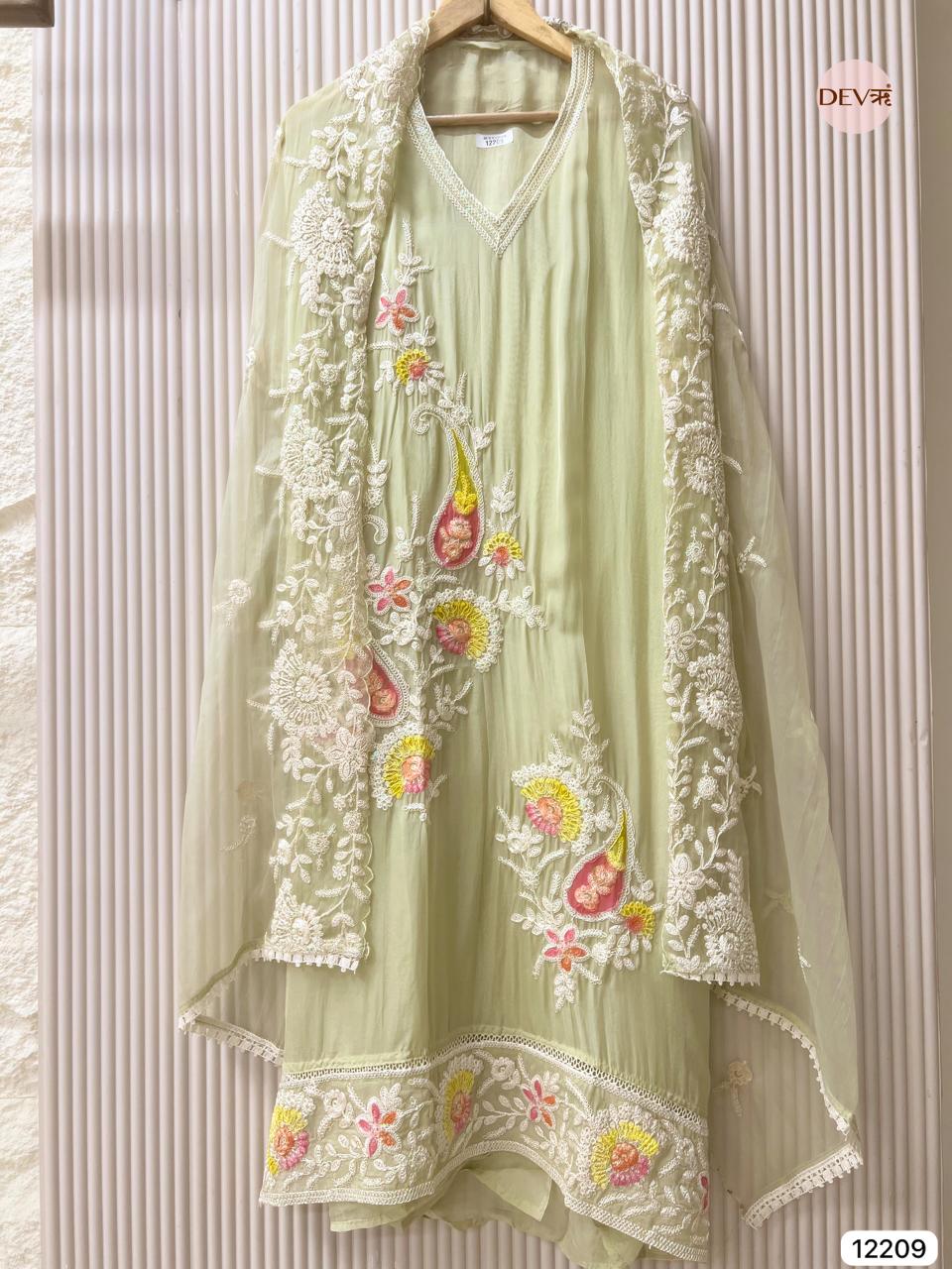 Pistachio Soft Organza Embroidered Unstitched 3-Piece Suit (Devri – D.No 12209)