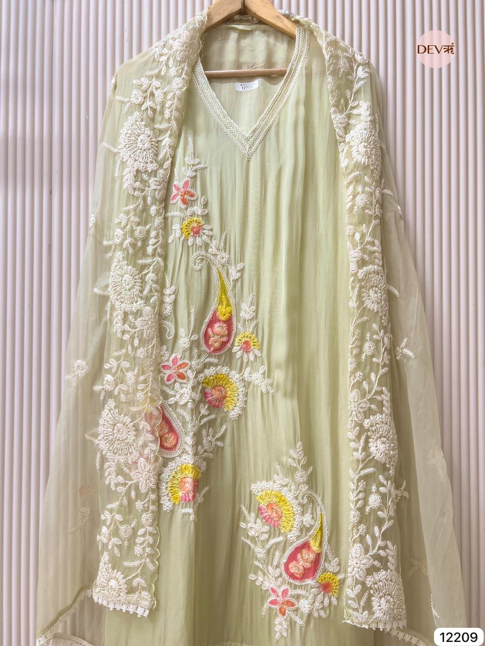 Pistachio Soft Organza Embroidered Unstitched 3-Piece Suit (Devri – D.No 12209)