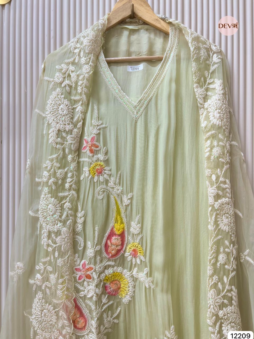 Pistachio Soft Organza Embroidered Unstitched 3-Piece Suit (Devri – D.No 12209)