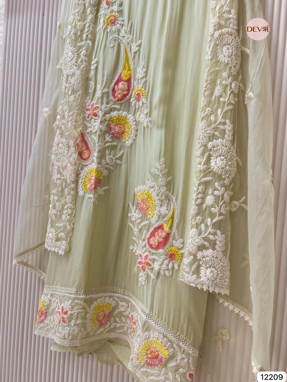 Pistachio Soft Organza Embroidered Unstitched 3-Piece Suit (Devri – D.No 12209)