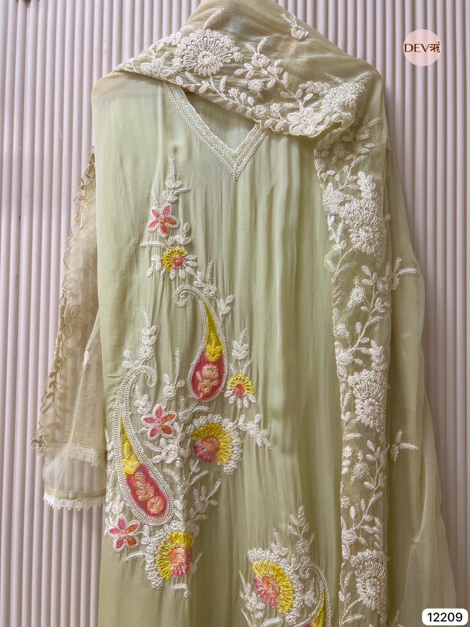 Pistachio Soft Organza Embroidered Unstitched 3-Piece Suit (Devri – D.No 12209)