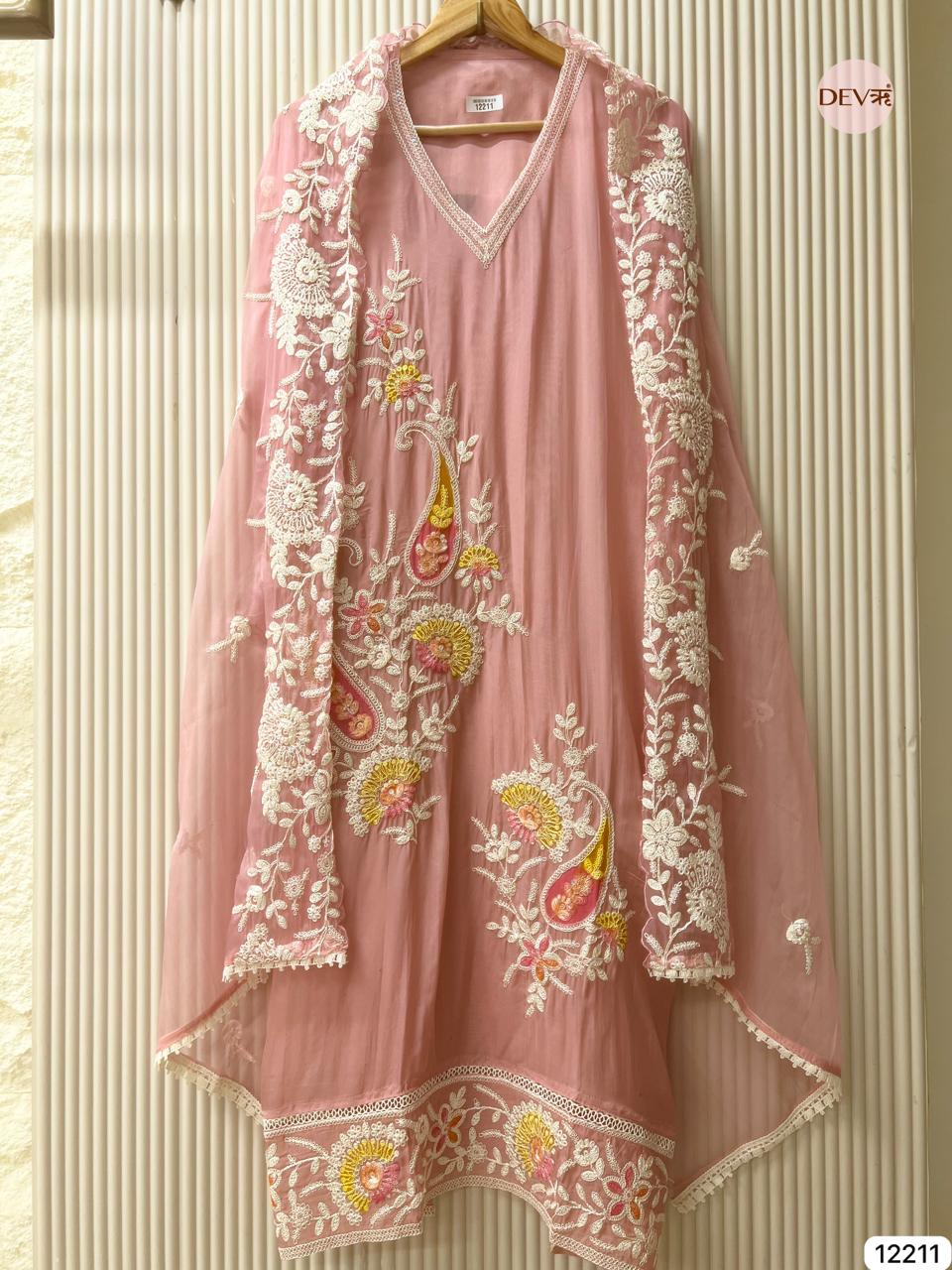 Blush Pink Soft Organza Embroidered Unstitched 3-Piece Suit (Devri – D.No 12211)