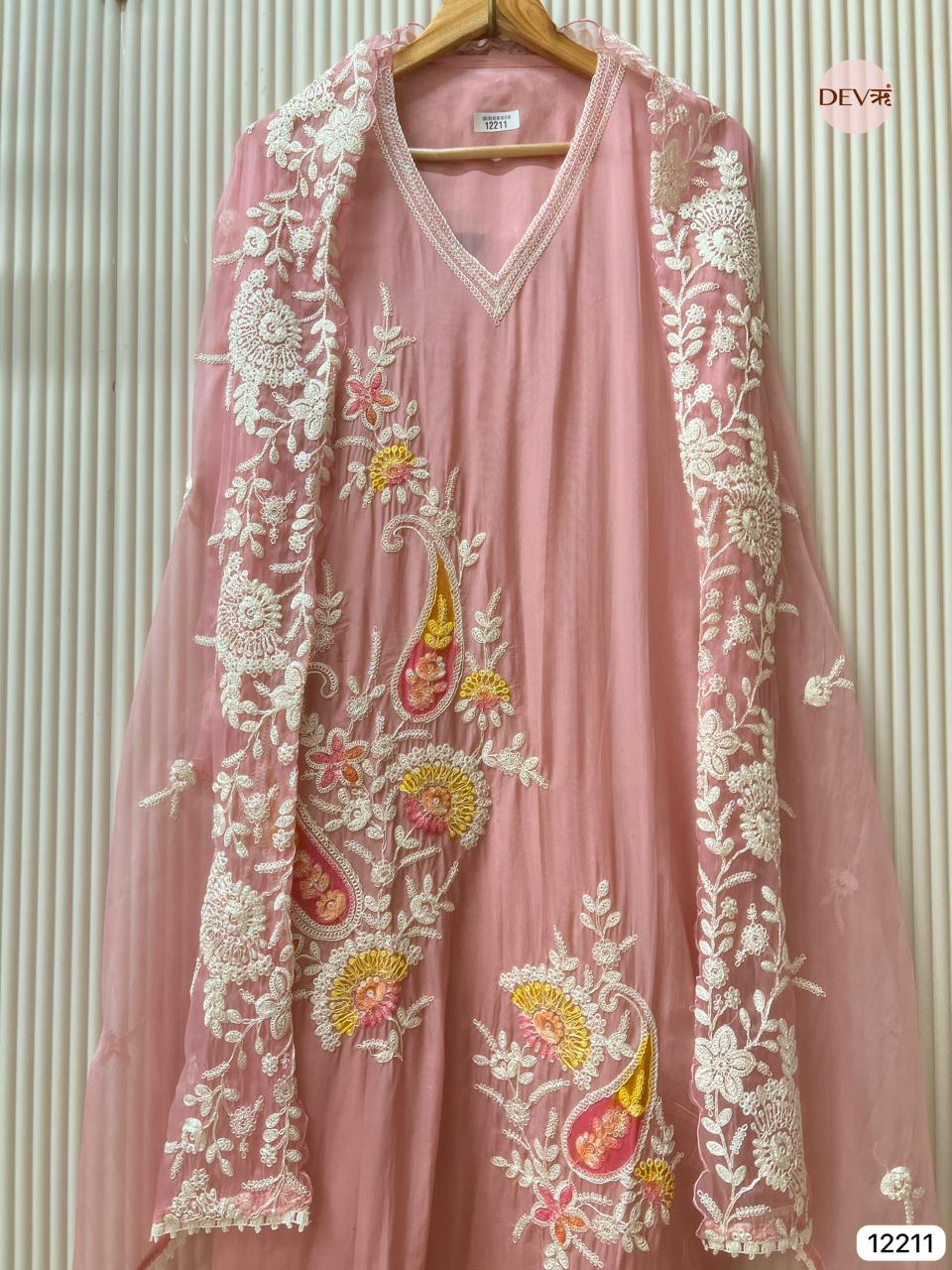 Blush Pink Soft Organza Embroidered Unstitched 3-Piece Suit (Devri – D.No 12211)