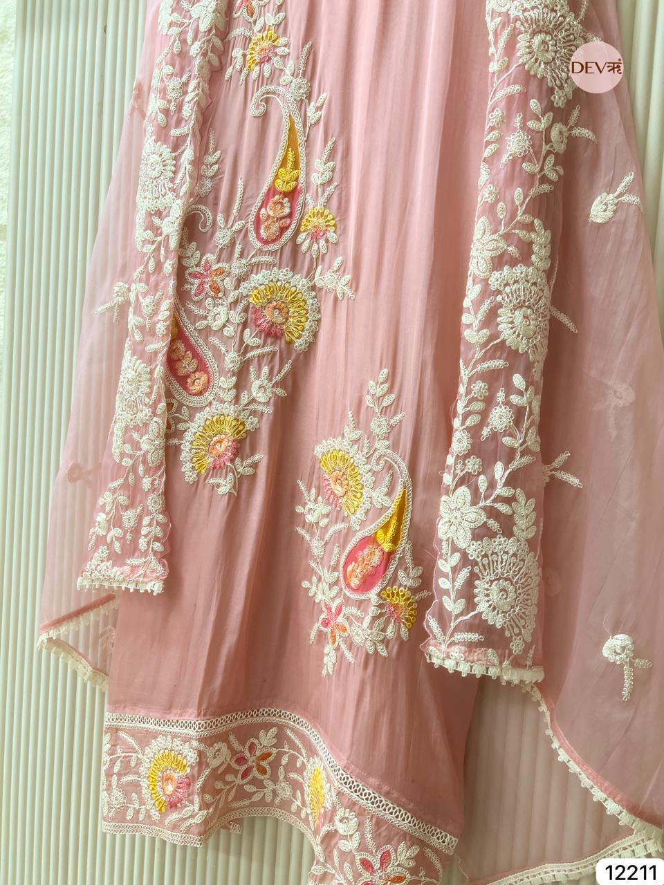 Blush Pink Soft Organza Embroidered Unstitched 3-Piece Suit (Devri – D.No 12211)