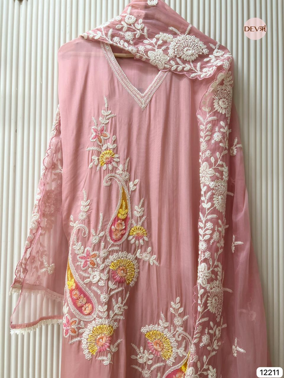 Blush Pink Soft Organza Embroidered Unstitched 3-Piece Suit (Devri – D.No 12211)