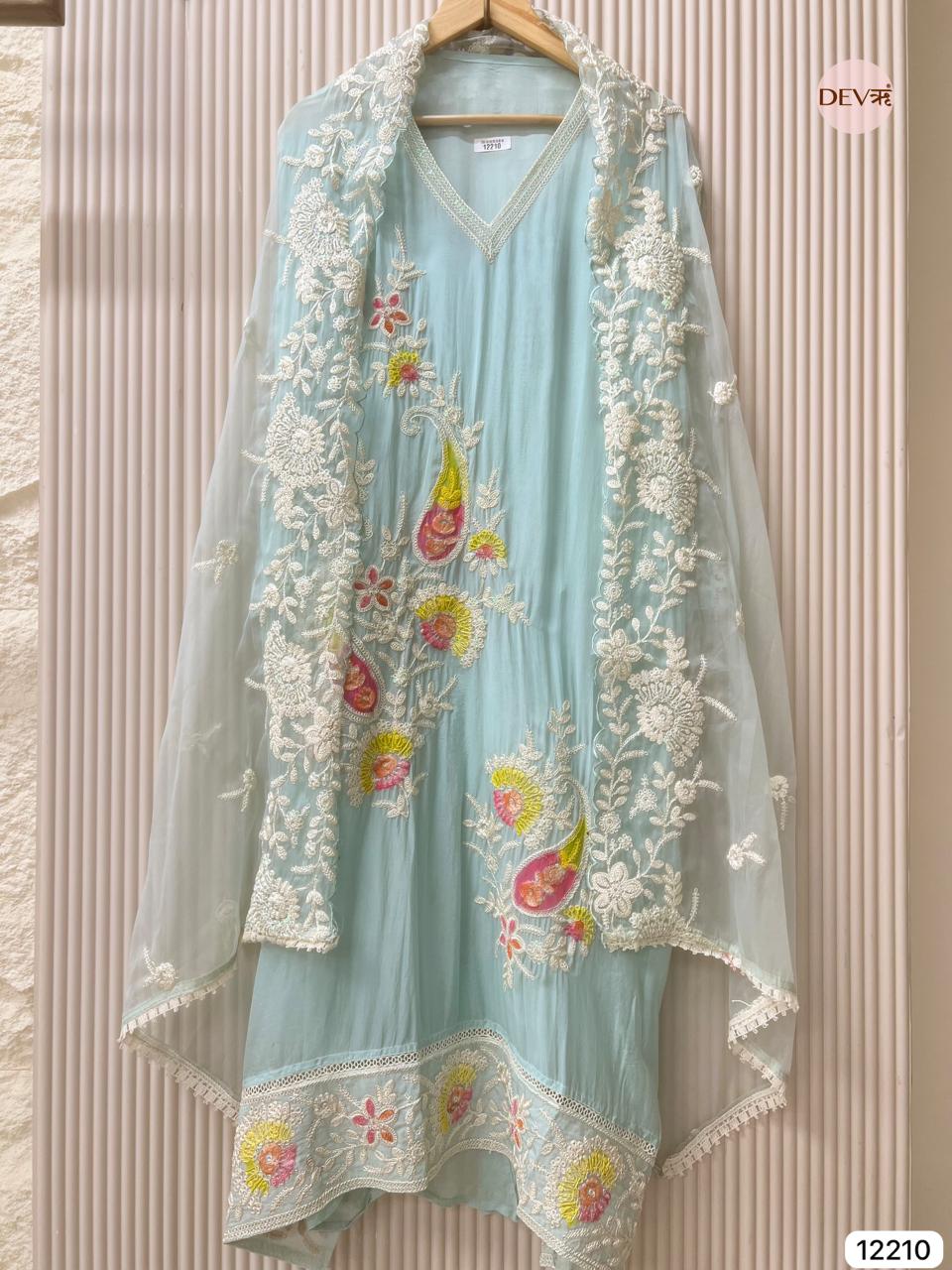 Pastel Aqua Soft Organza Embroidered Unstitched 3-Piece Suit (Devri – D.No 12210)