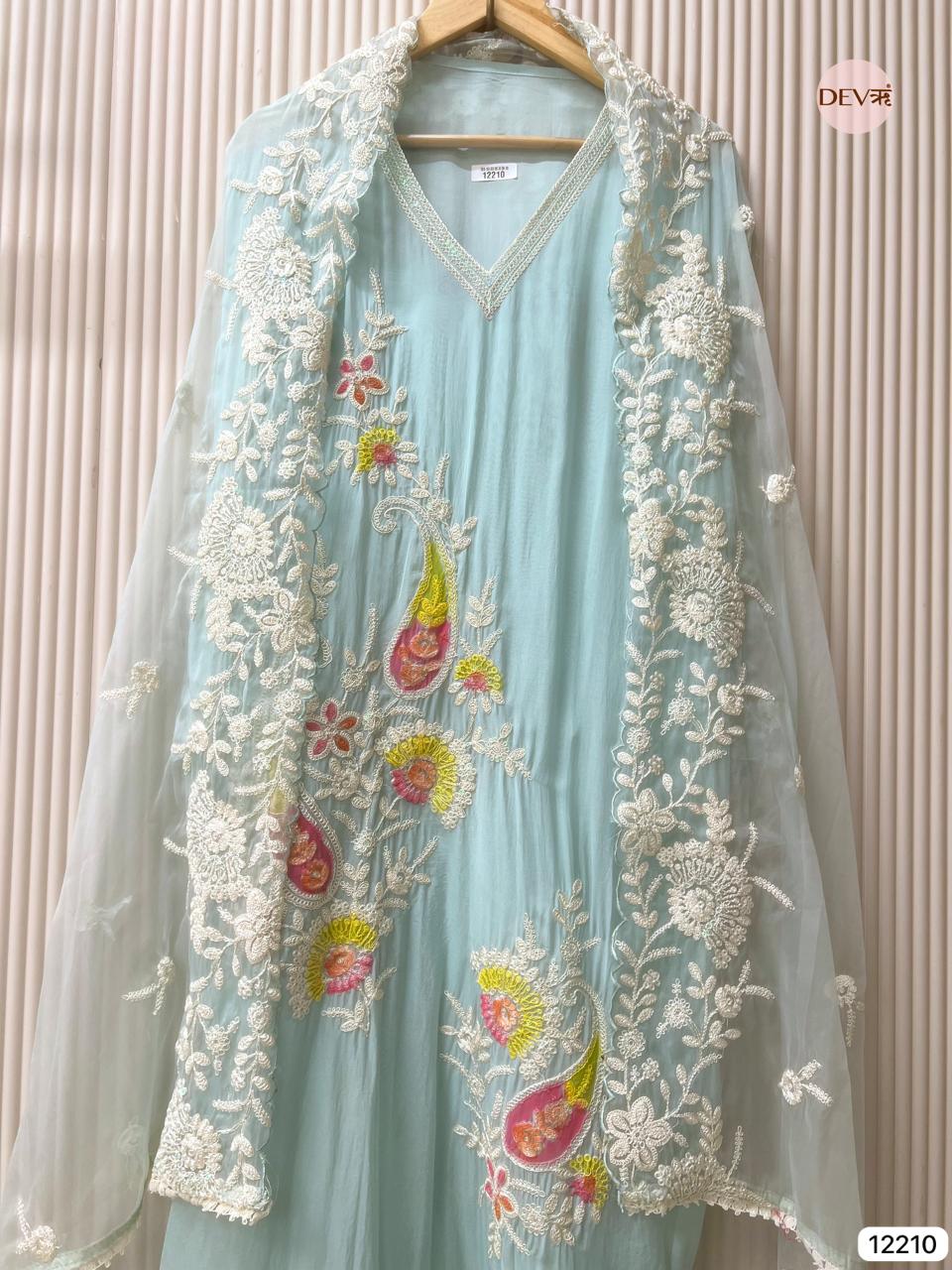 Pastel Aqua Soft Organza Embroidered Unstitched 3-Piece Suit (Devri – D.No 12210)