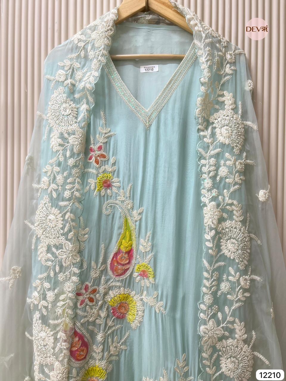 Pastel Aqua Soft Organza Embroidered Unstitched 3-Piece Suit (Devri – D.No 12210)