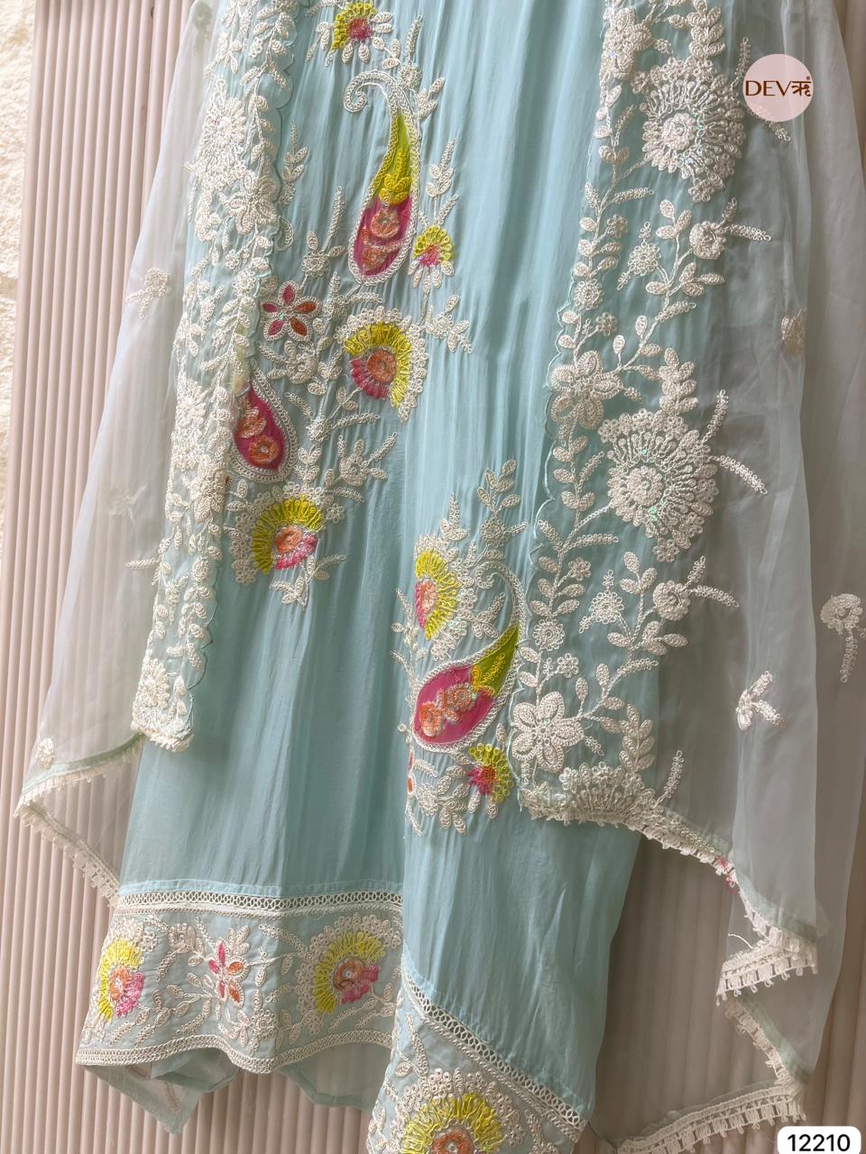 Pastel Aqua Soft Organza Embroidered Unstitched 3-Piece Suit (Devri – D.No 12210)
