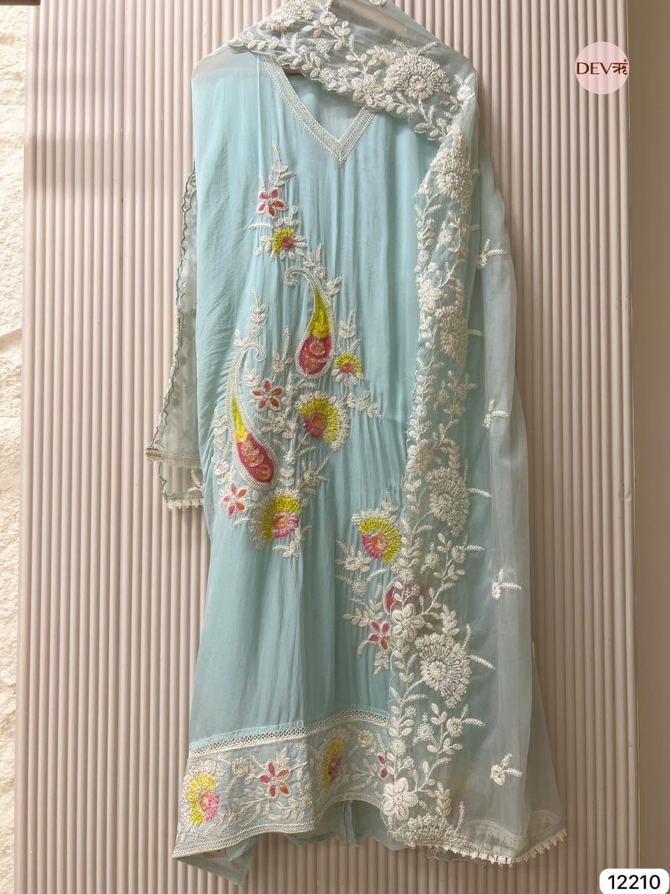 Pastel Aqua Soft Organza Embroidered Unstitched 3-Piece Suit (Devri – D.No 12210)