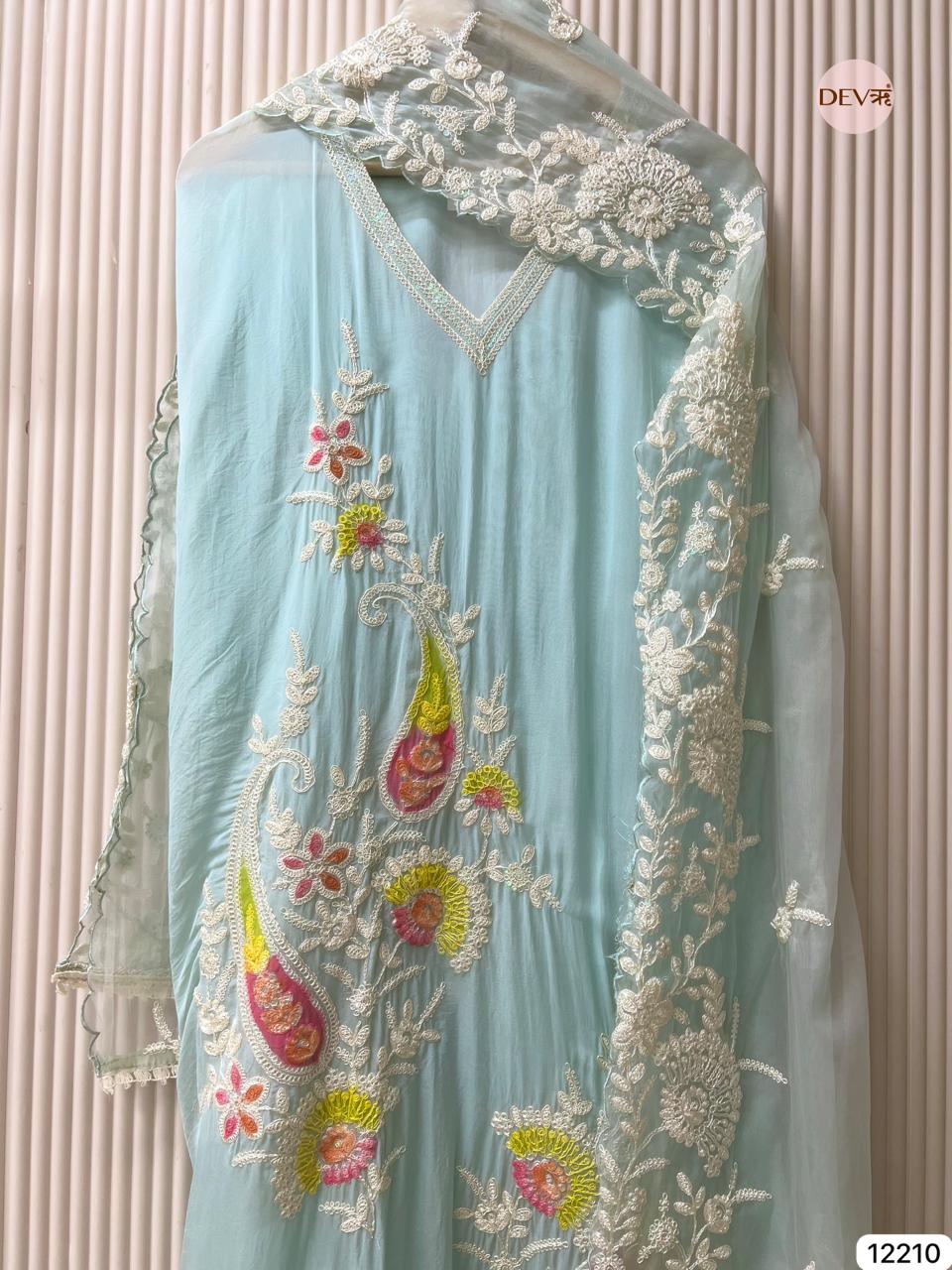 Pastel Aqua Soft Organza Embroidered Unstitched 3-Piece Suit (Devri – D.No 12210)