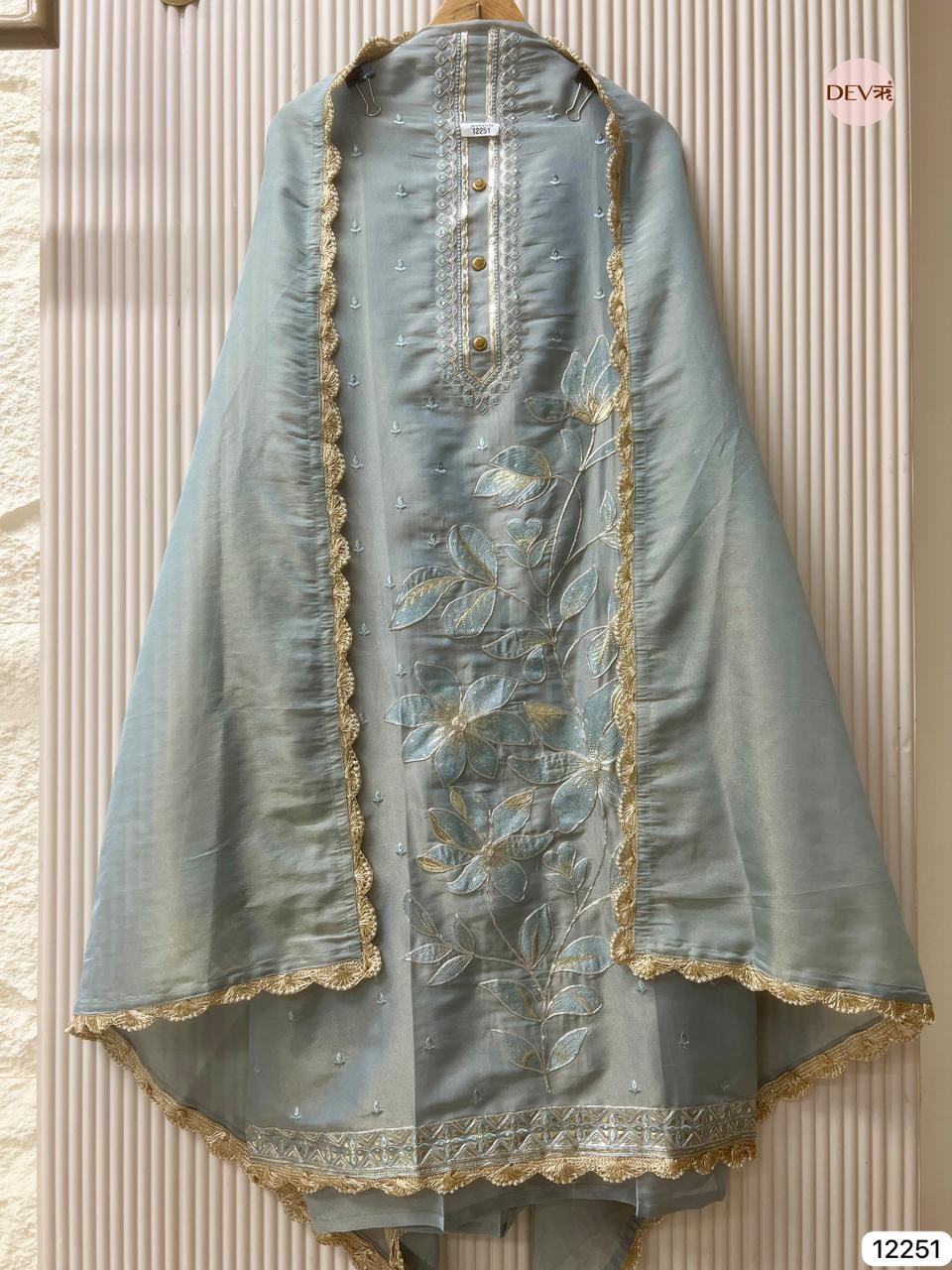 Seafoam Green Shimmer Silk Embroidered Unstitched 3-Piece Suit (Devri – D.No 12251)