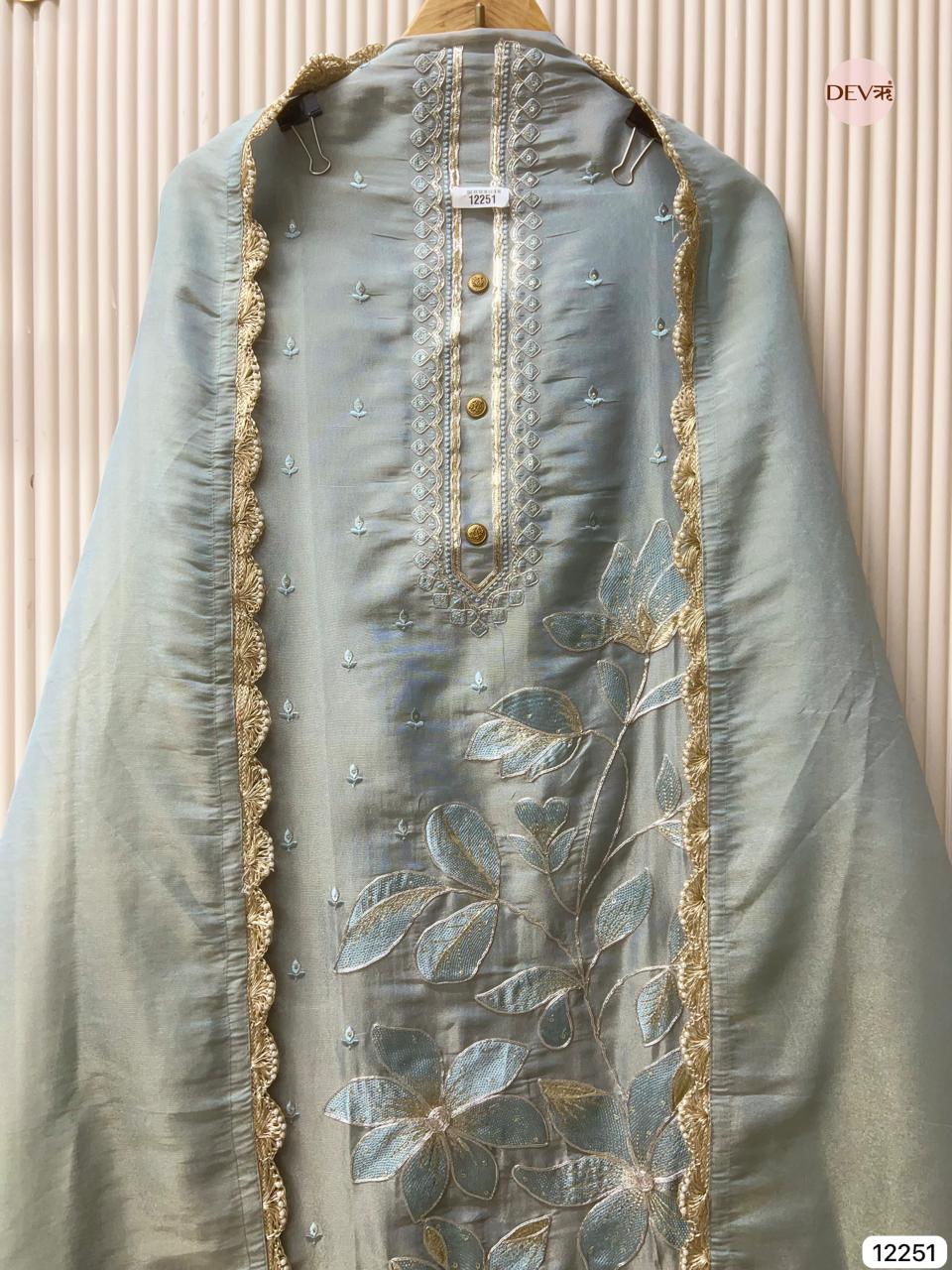 Seafoam Green Shimmer Silk Embroidered Unstitched 3-Piece Suit (Devri – D.No 12251)