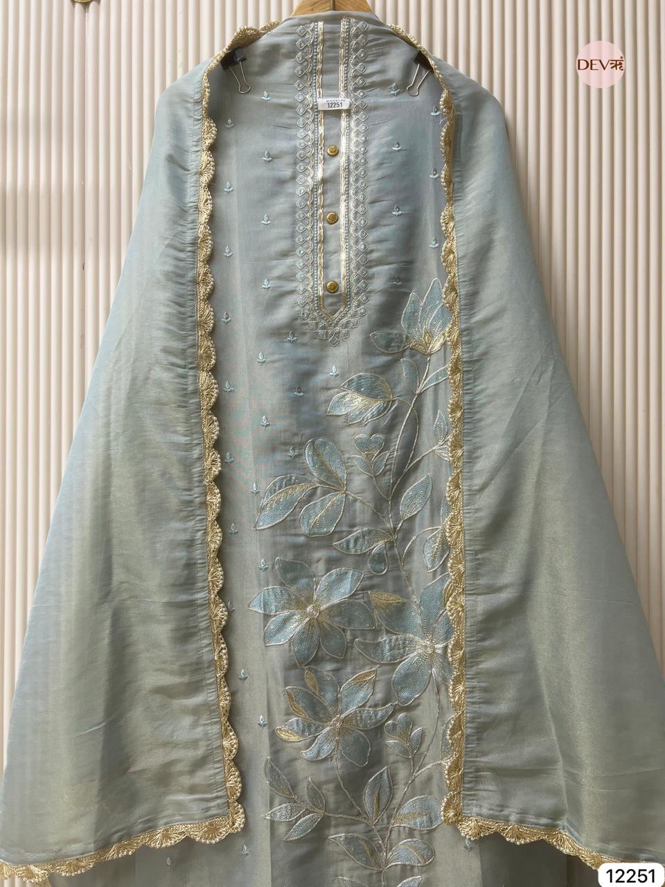 Seafoam Green Shimmer Silk Embroidered Unstitched 3-Piece Suit (Devri – D.No 12251)