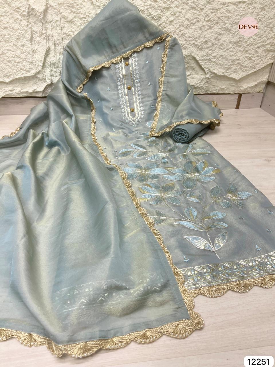 Seafoam Green Shimmer Silk Embroidered Unstitched 3-Piece Suit (Devri – D.No 12251)