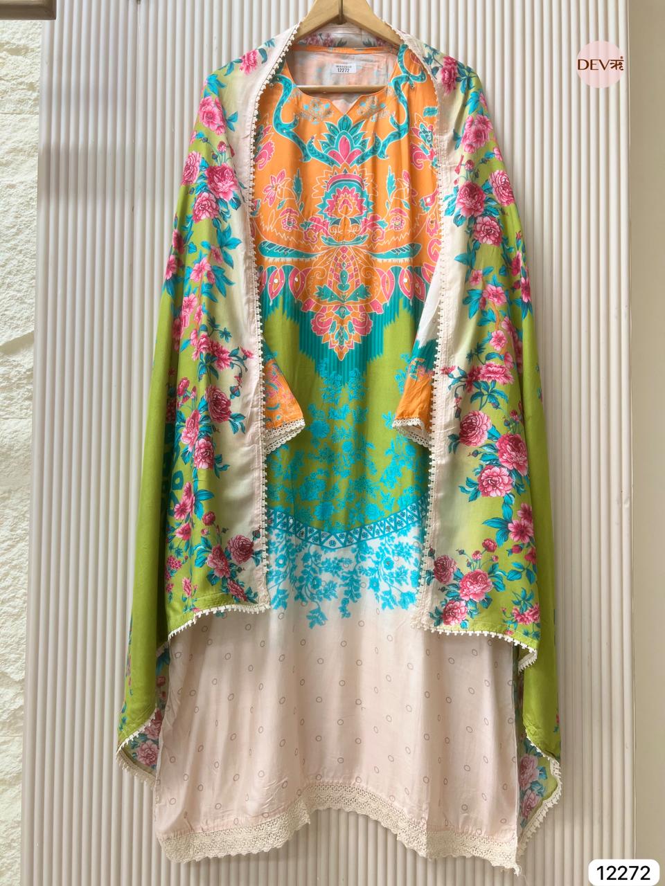 Multicolour Muslin Printed Unstitched 3-Piece Suit (Devri – D.No 12272)