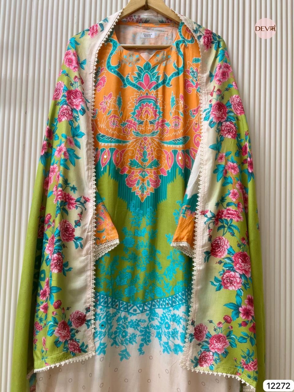 Multicolour Muslin Printed Unstitched 3-Piece Suit (Devri – D.No 12272)