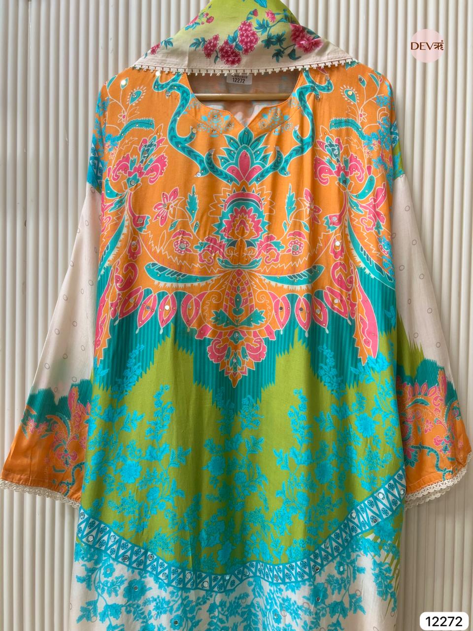 Multicolour Muslin Printed Unstitched 3-Piece Suit (Devri – D.No 12272)