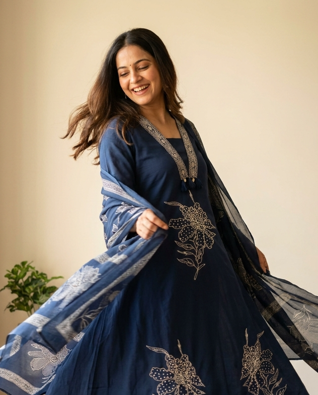 Neelambari Cotton Slub Printed Navy Blue 3-Piece Set (Devri – D.No 21059)