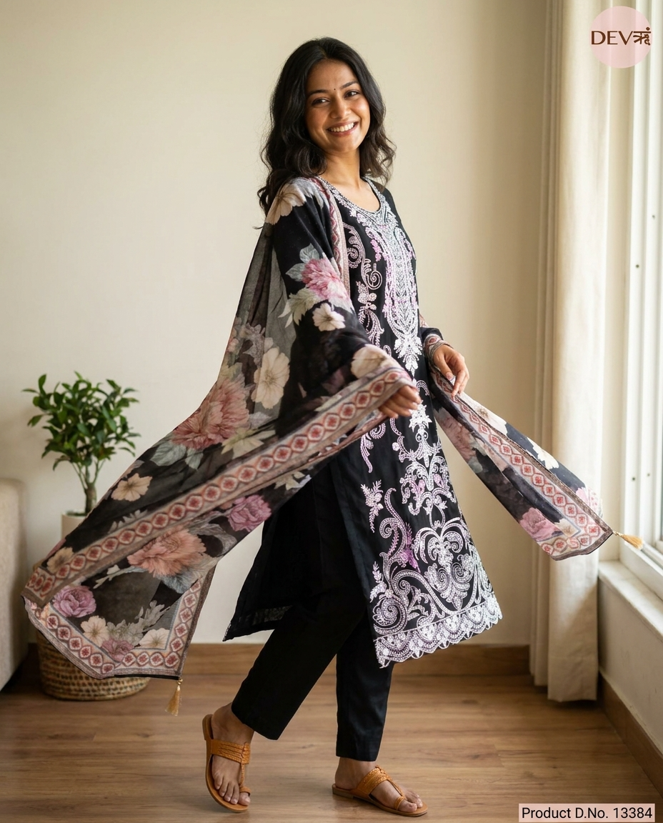 Meher Pure Mul Cotton Embroidered Black 3-Piece Set (Devri – D.No 13384)