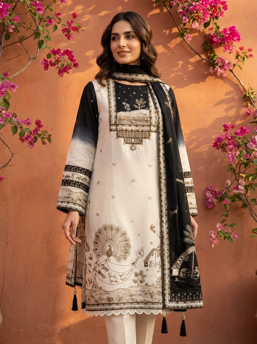 Cream Mul Cotton Printed Unstitched 3-Piece Suit (Devri – D.No 13297)