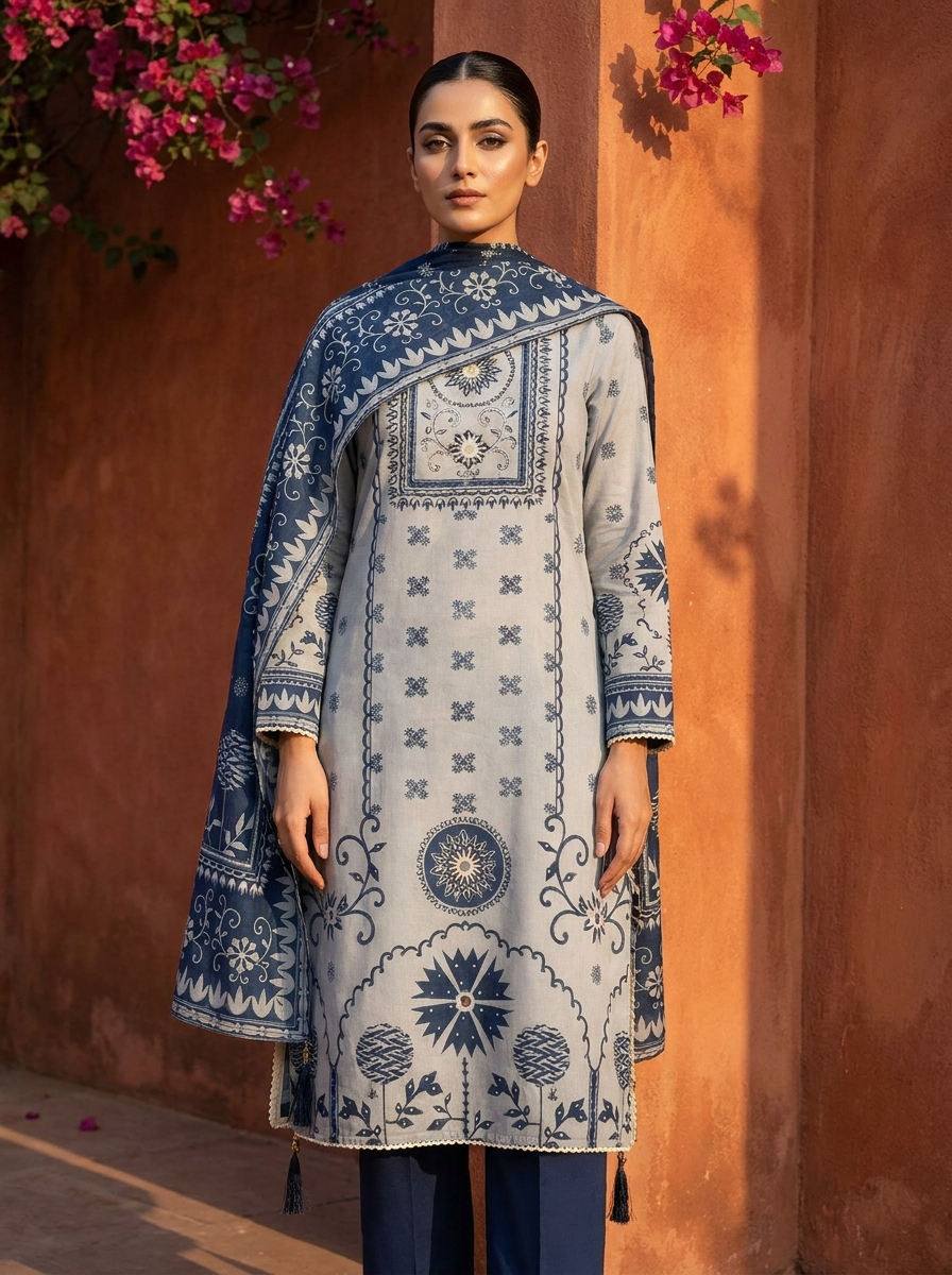 Grey Mul Cotton Printed Unstitched 3-Piece Suit (Devri – D.No 13299)