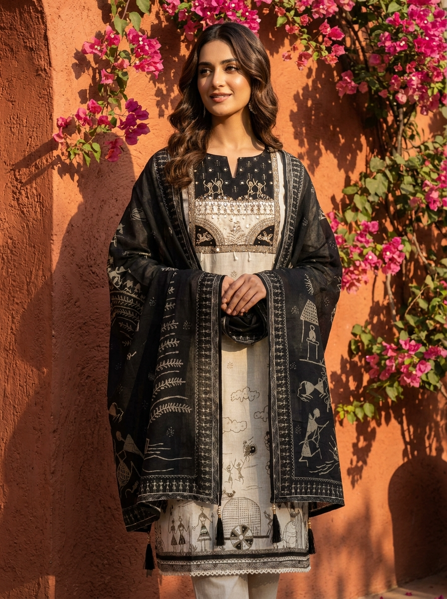 Cream Mul Cotton Printed Unstitched 3-Piece Suit (Devri – D.No 13298)
