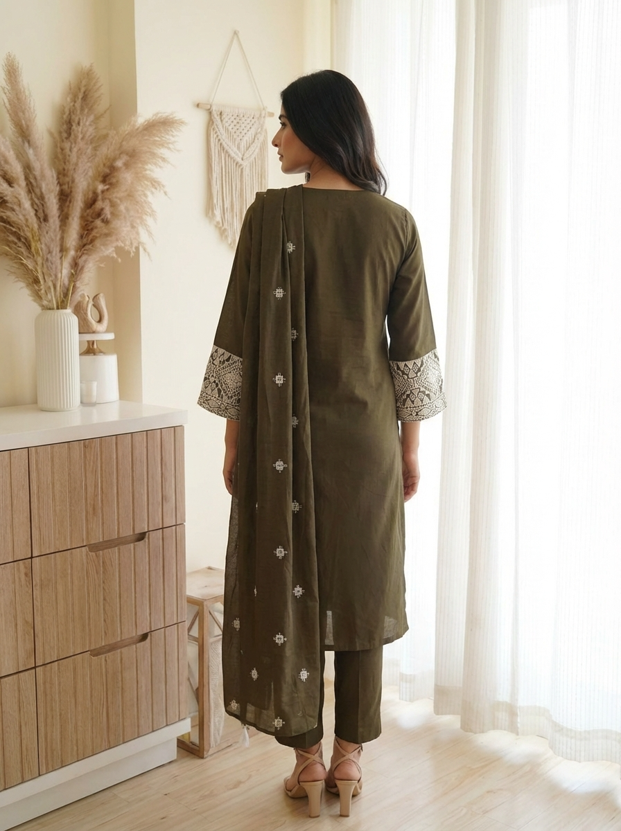 Aavya Cotton Embroidered Olive Green 3-Piece Set (Devri – D.No 21013)